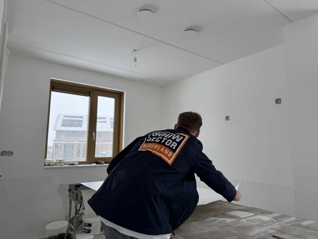 Behanger in bedrijfsjas pakt een baan vlies van de plaktafel in een nieuwbouwkamer