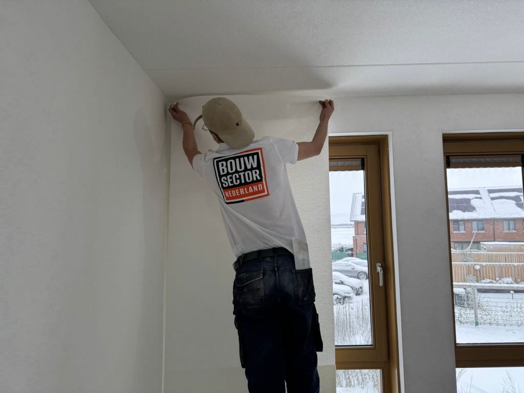 Vakman van Bouwsector Nederland drukt een baan vlies aan tegen het plafond naast twee ramen